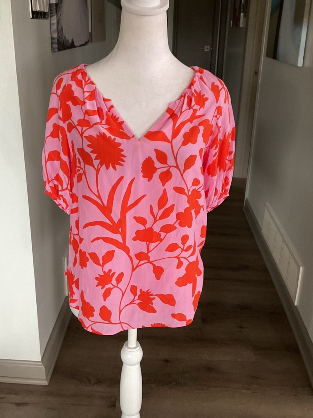 Talbots Pink Blouse with Red Floral Print